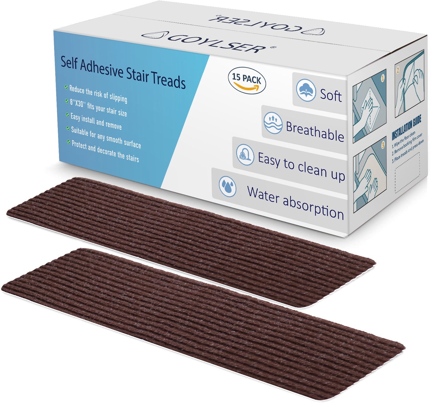 Wood Stair Treads Peel and Stick Carpet Tiles and  Self Adhesive Backing-15 Pack