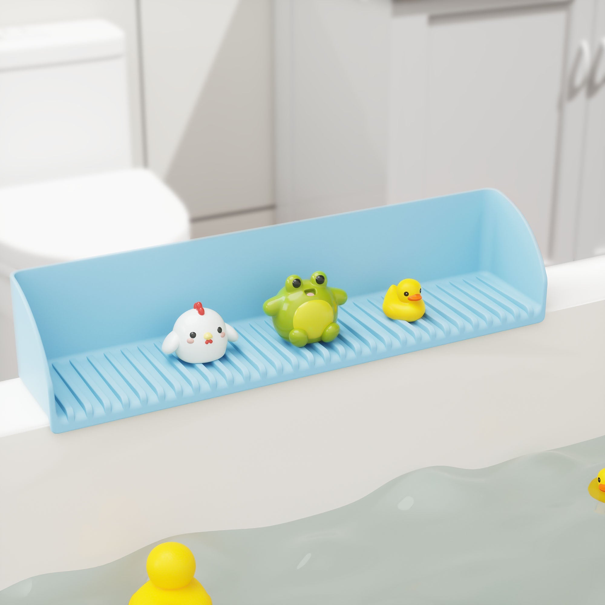 Bathtub Splash Guard for Tub - Silicone Tub Water Splash Guard with 4 Suction Cups, Bath Toy Holder, Tub Play Shelf for Kids, Bathtub Side Splash Guard Tray, Toddler Bathroom Essentials, 1Pack