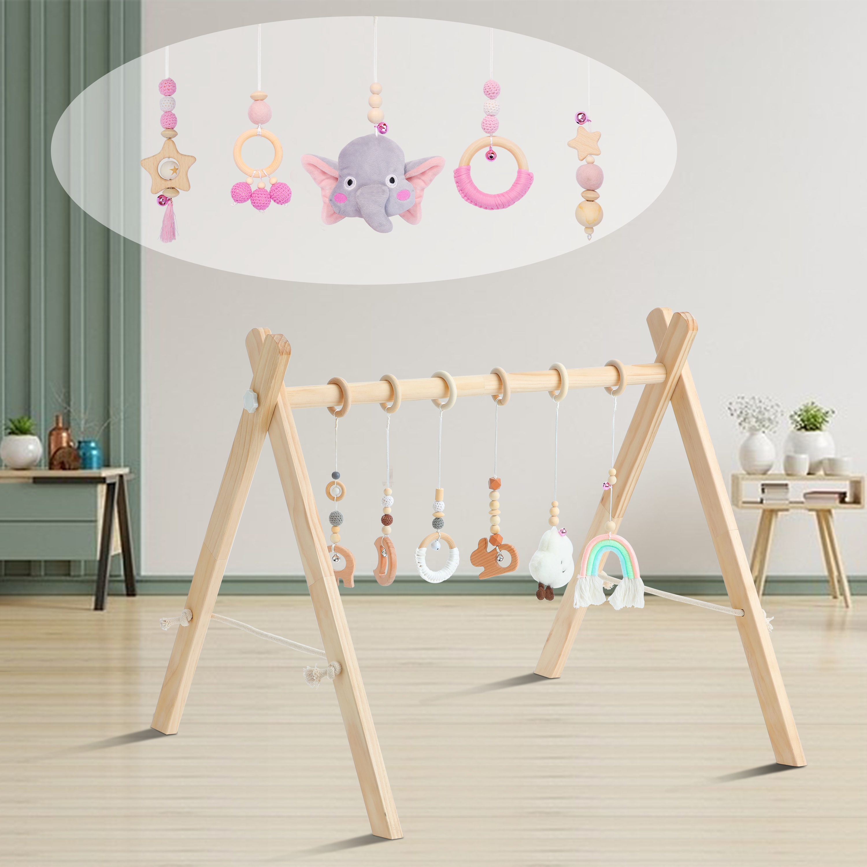 Best Baby Play Gym Wooden with 6 Infant Activity Toys