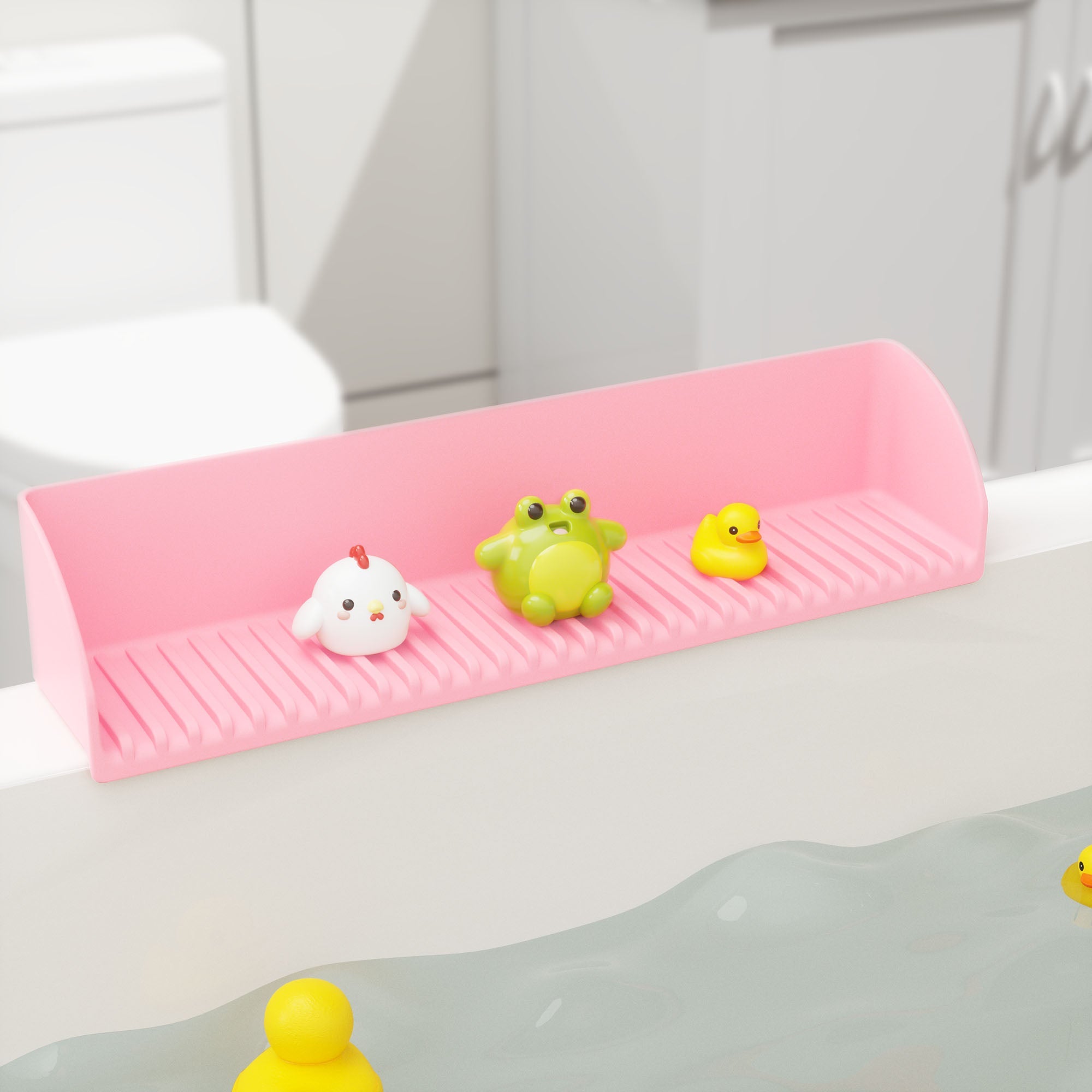 Bathtub Splash Guard for Tub - Silicone Tub Water Splash Guard with 4 Suction Cups, Bath Toy Holder, Tub Play Shelf for Kids, Bathtub Side Splash Guard Tray, Toddler Bathroom Essentials, 1Pack