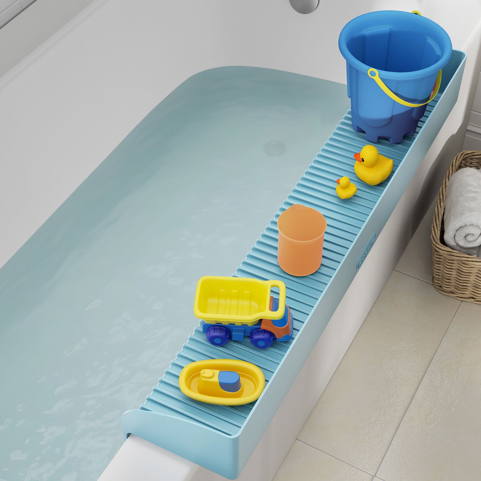 Bathtub Splash Guard for Kids - Silicone Bath Splash Guard Shelf, Large Bath Toy Tray Holder, Tub Water Splash Guard with Strong Suction Cups, Bathroom Accessories for Baby Bath, Aqua