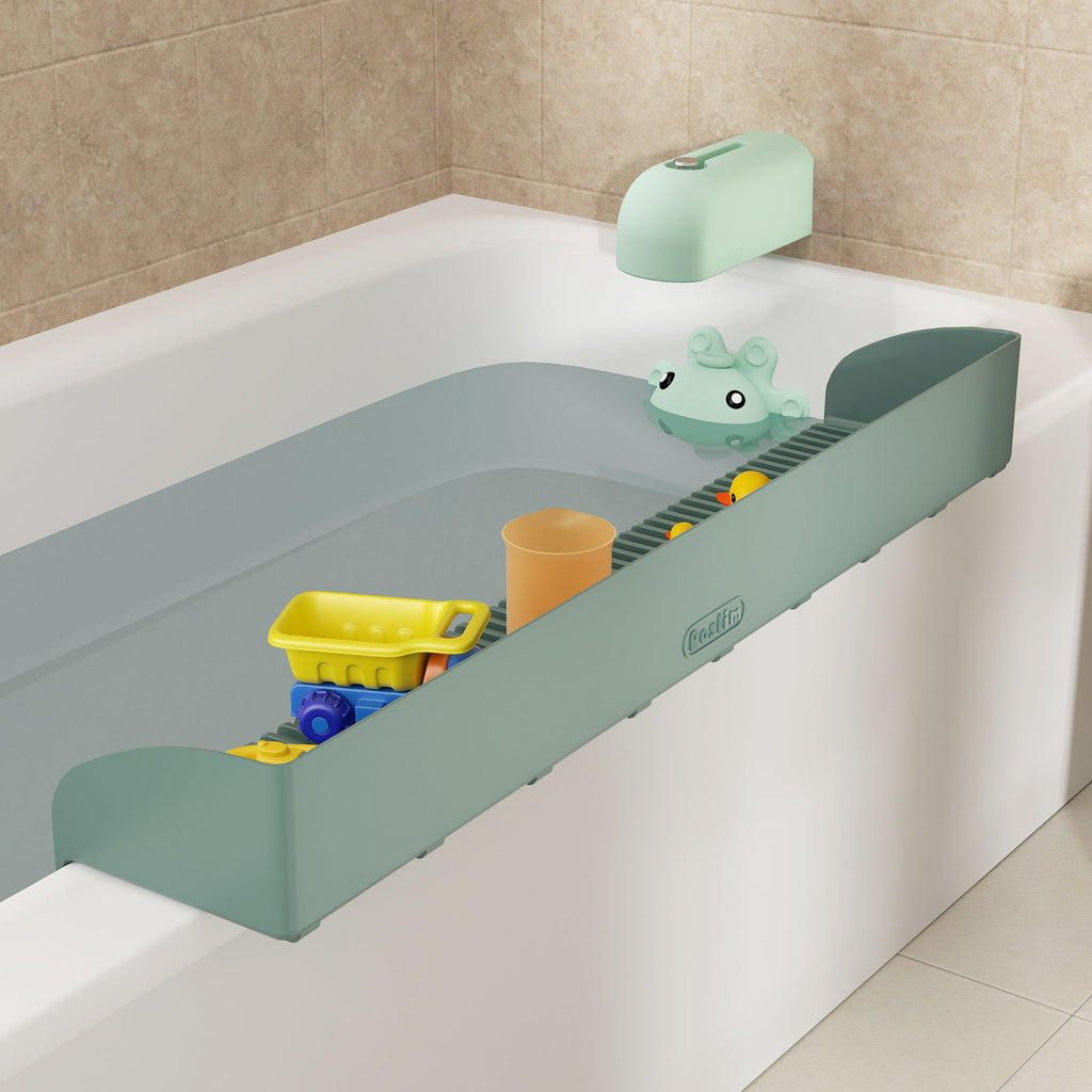 Bathtub Splash Guard for Kids - Silicone Bath Splash Guard Shelf, Large Bath Toy Tray Holder, Tub Water Splash Guard with Strong Suction Cups, Bathroom Accessories for Baby Bath, Aqua