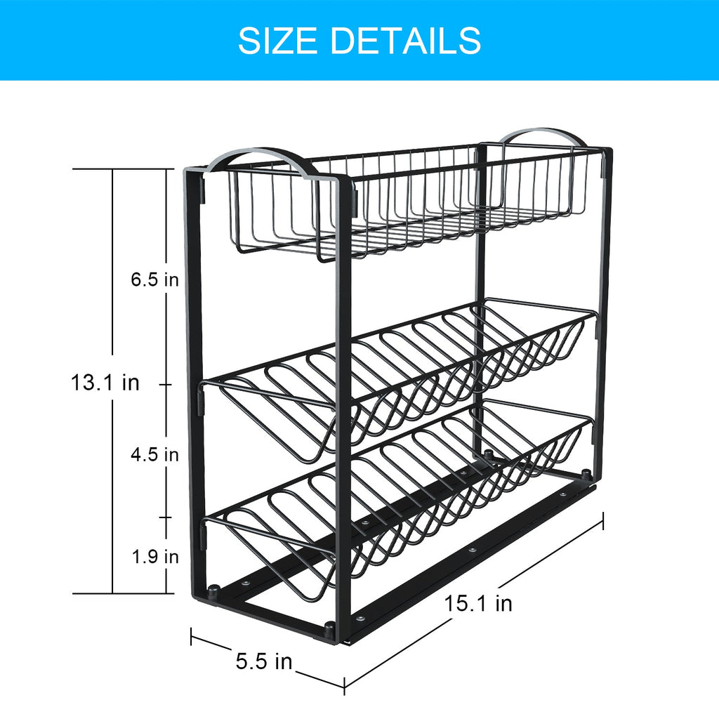 Pull Out 3-Tier Spice Rack Sliding Organizer for Kitchen Cabinets