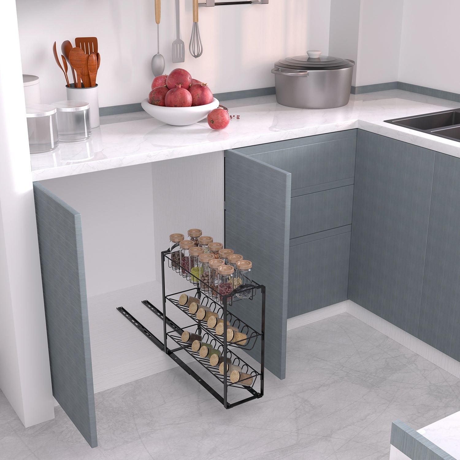 Pull Out 3-Tier Spice Rack Sliding Organizer for Kitchen Cabinets