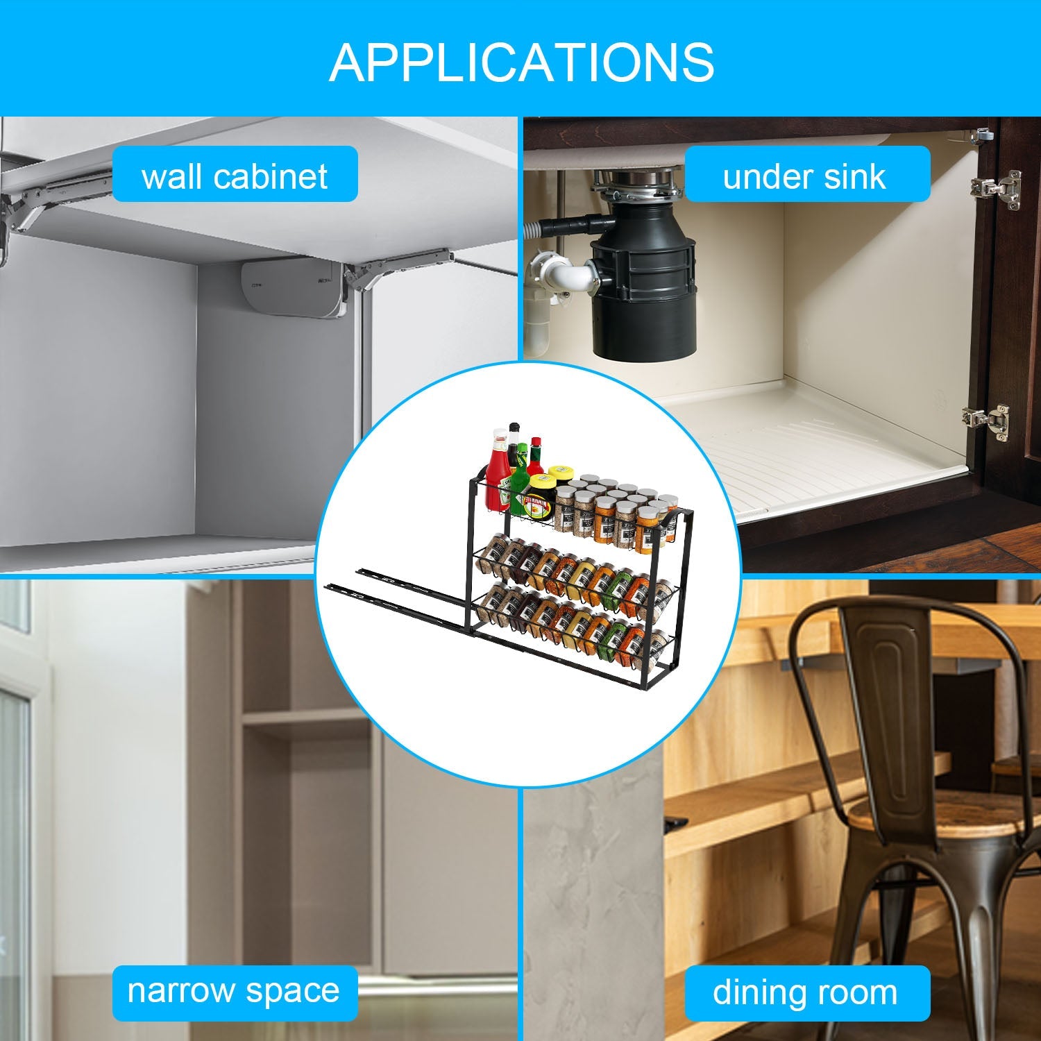 Pull Out 3-Tier Spice Rack Sliding Organizer for Kitchen Cabinets